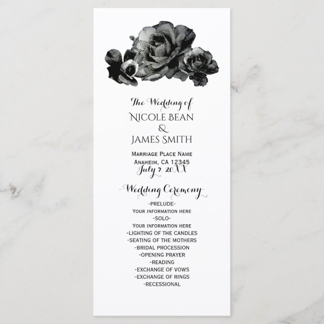 Schwarze Aquarell-Rosen Elegantes Hochzeitsprogram Programm (Vorderseite)