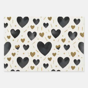 Schwarze Aquarell- und Gold-Glitter-Herzen Geschenkpapier Set