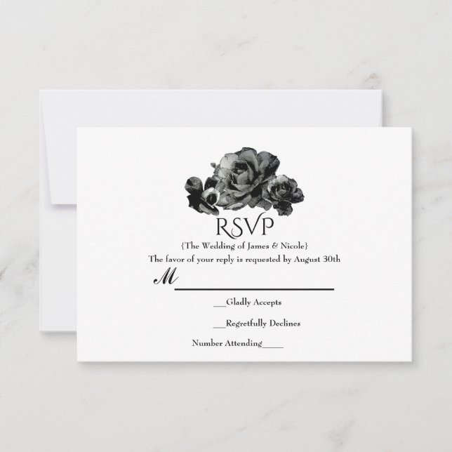 Schwarze Aquarellfarben-Rose Elegante Hochzeitskar RSVP Karte (Vorderseite)