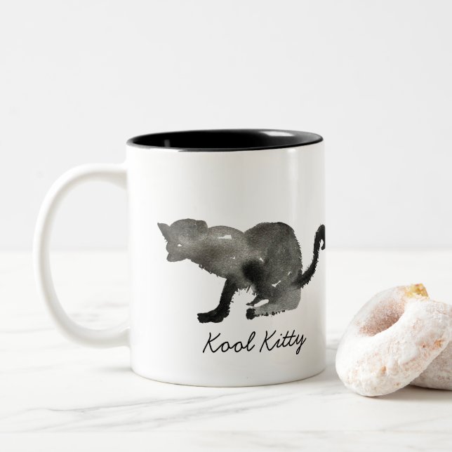 Schwarze Aquarellkatze Zweifarbige Tasse (Mit Donut)