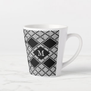 SCHWARZE ARGYLE-STRICKLATTE-TASSE + Initiale Milchtasse