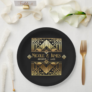 Schwarze Art Deco Hochzeit in Gold Pappteller