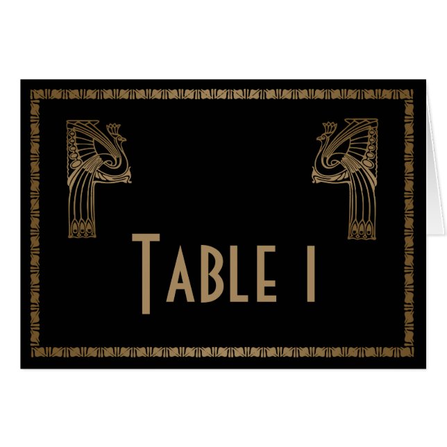 Schwarze Art Deco Pfau Hochzeit Tischnummer (Vorderseite (Horizontal))