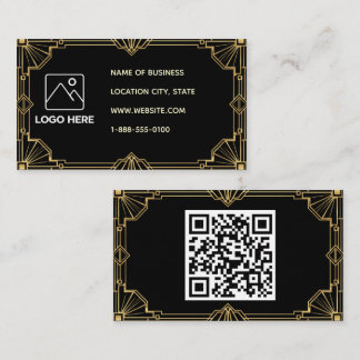 Schwarze Art Deco QR Code Visitenkarte im Gold-Opt
