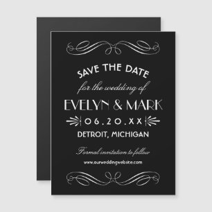 Schwarze Art Deco-Rollenwerk-Save-Date-Magnet Magneteinladung