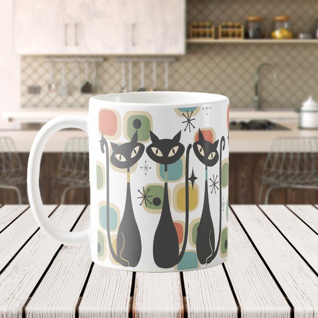 Schwarze Atomkatzen aus dem Retro-Mittelalter Kaffeetasse (Retro Mid Century Black Atomic Cats Coffee Mug)