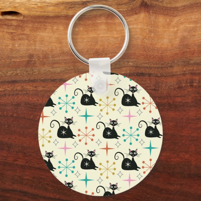 Schwarze Atomkatzen aus der Mitte des Jahrhunderts Schlüsselanhänger (Rückseite)