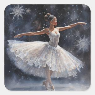 Schwarze Ballerina in weißer Schneeflocke Tutu Quadratischer Aufkleber