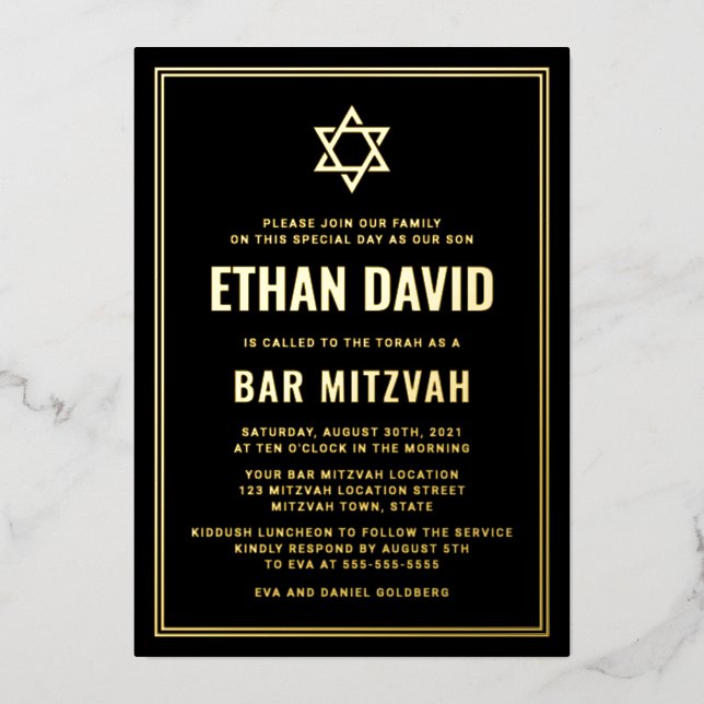 Schwarze Bar mitzvah Stern von David Gold oder Sil Folieneinladung (Vorderseite)