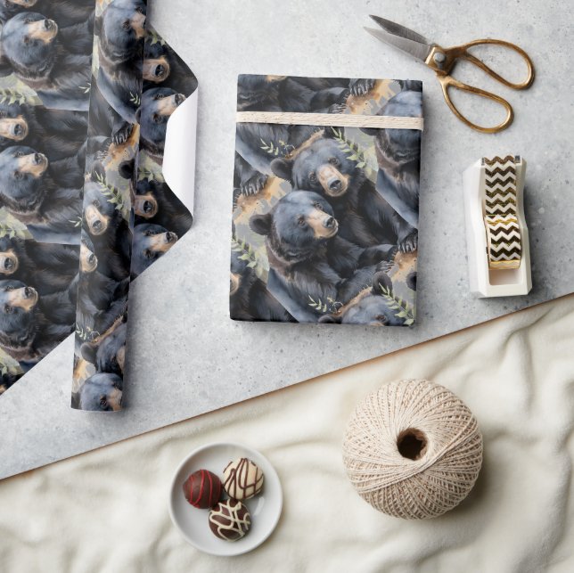 Schwarze Bären im Aquarellstil Tiermuster Art Geschenkpapier (Kunsthandwerk)