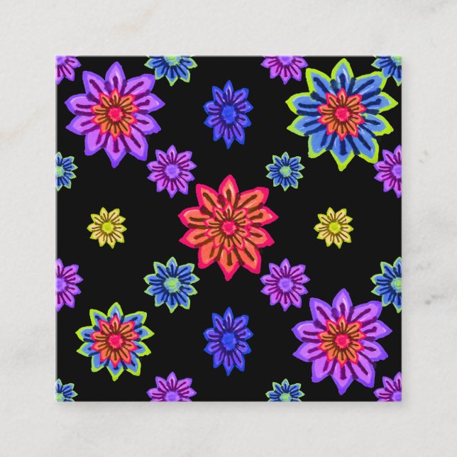 🌸 Schwarze Base mit farbenfroher Blume Print Quadratische Visitenkarte (Vorderseite)