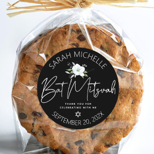 Schwarze Bat Mitzvah Silber Schrift Floral Wasserf Runder Aufkleber