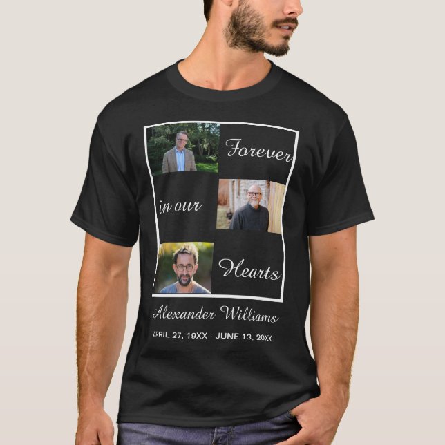 Schwarze Beerdigung Custom 3 Foto Collage Memorial T-Shirt (Vorderseite)