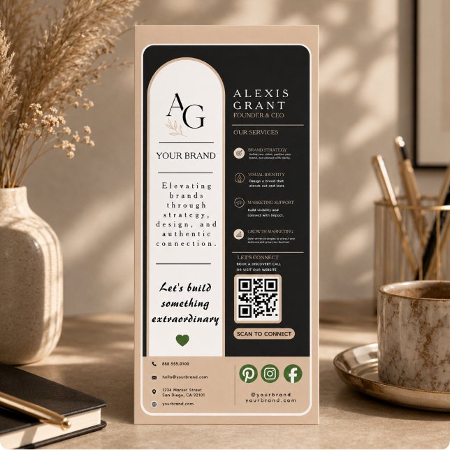Schwarze Beige Luxus QR-Code Termin Erinnerung Werbekarte (Black Beige Luxury QR Code Appointment Reminder Rack Card)