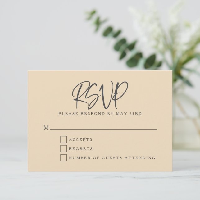 Schwarze Beige Moderne Schrift Lettering Hochzeit RSVP Karte (Stehend Vorderseite)