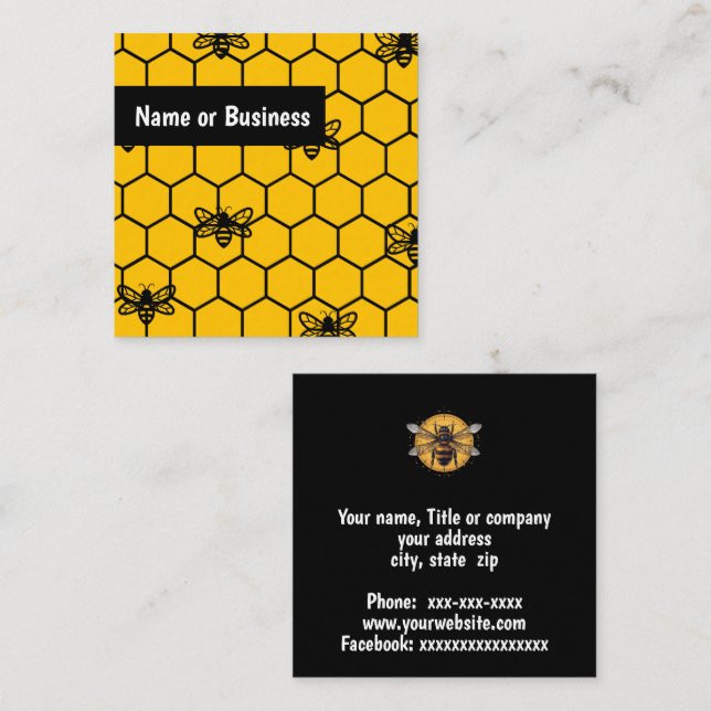 Schwarze Bienen auf gelben Waben Quadratische Visitenkarte (Vorne/Hinten)
