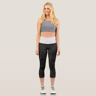Schwarze Blätter und Weiß Capri Leggings