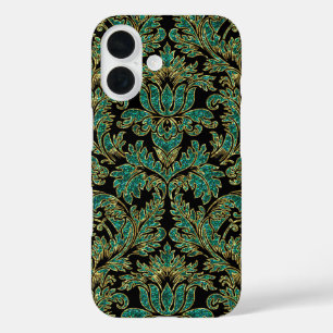 Schwarze Blau-Grün & Gold Vintage-Blumendamasken iPhone 16 Hülle