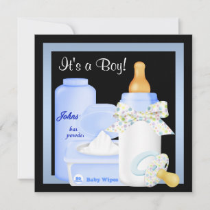 Schwarze blaue Flaschen-Sauger-Baby-Jungen-Party Einladung