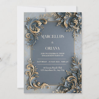 Schwarze Blaue Gold Barock Hochzeit Einladung