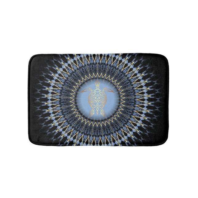 Schwarze Blaue Goldene Mandala-Schildkröte Badematte (Vorderseite)