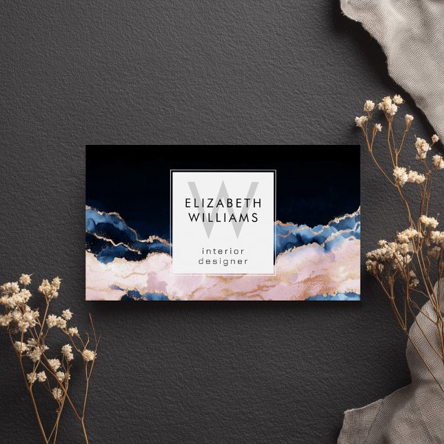 Schwarze Blaue Rosa Roségold-Monogramm Visitenkart (Von Creator hochgeladen)