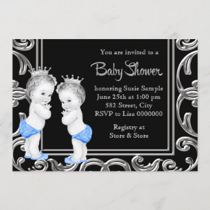 Schwarze, blaue und silberne Zwilling Jungen-Baby- Einladung
