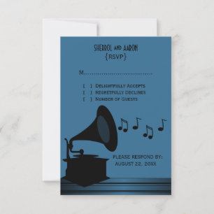 Schwarze/blaue Vintage-Grammophon-Antwortkarte RSVP Karte
