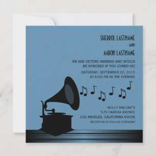 Schwarze/blaue Vintage-Grammophon-Hochzeitseinladu Einladung