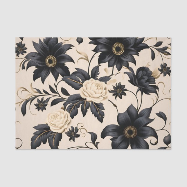 Schwarze Blume auf Beige-Muster Seidenpapier (Vorderseite)