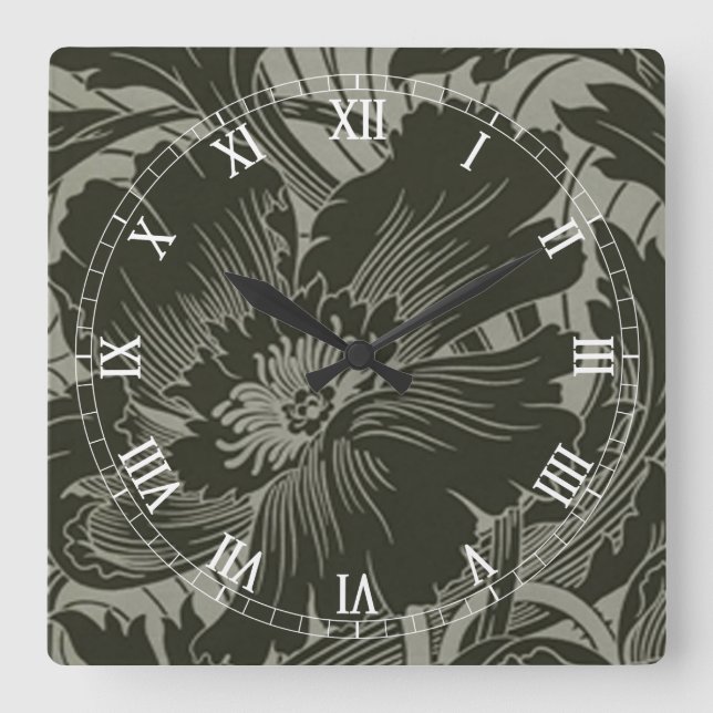 Schwarze Blume Linie Art Square Quadratische Wanduhr (Vorderseite)