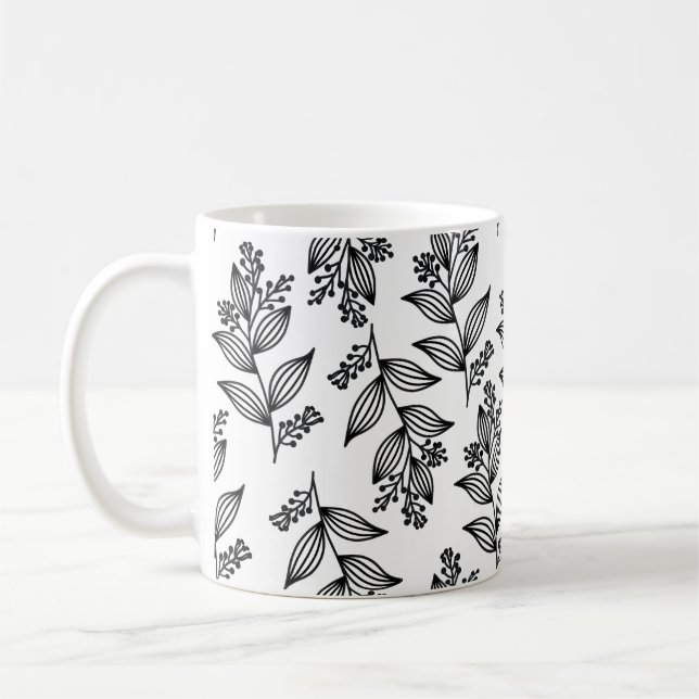 Schwarze Blume Muster Botanisch Dunkelweiß Kaffeetasse (Links)
