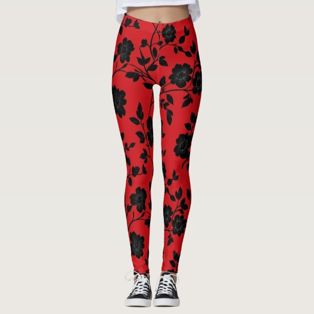 Schwarze Blume Rot Leggings (Vorderseite)