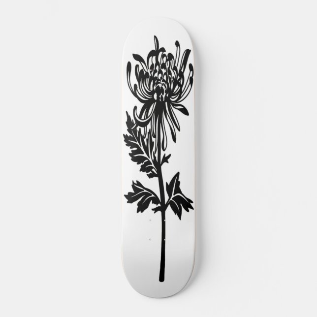 Schwarze Blume Stift Weißer Hintergrund Skateboard (Vorderseite)