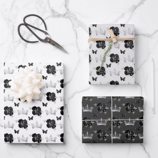 Schwarze Blume und Silberkronen Geschenkpapier Set (Vorderseite)