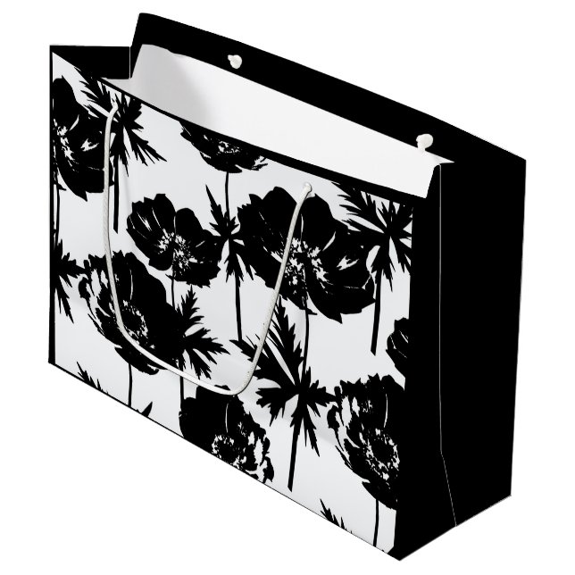 Schwarze Blume, weiß, monochrom Große Geschenktüte (Vorderseite Schrägansicht)