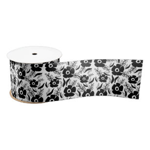 Schwarze Blumen Auf Weiß Satinband