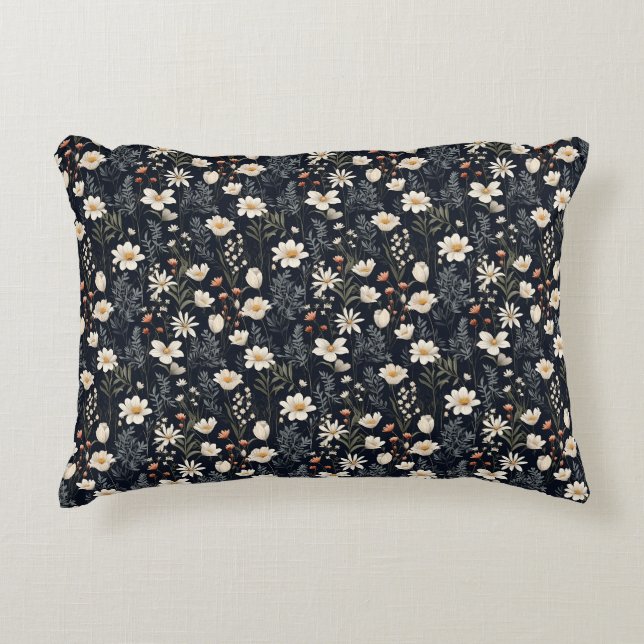 Schwarze Blumen mit Beige und Orange Dekokissen (Vorderseite)
