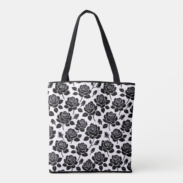 Schwarze Blumen-Rosen-Druck-Tasche (Rückseite)