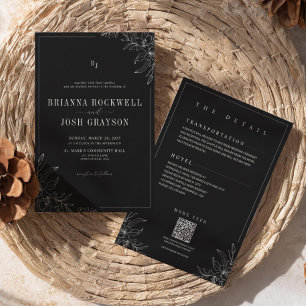 Schwarze Blumen Rustikale Elegante Monogramm-QR-Ho Einladung