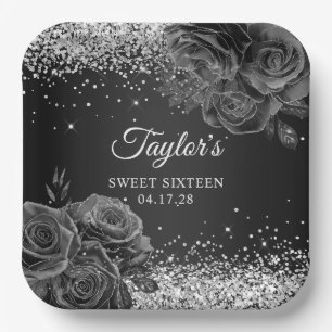 Schwarze Blumenpracht Glam Silber Glitter Sweet Si Pappteller
