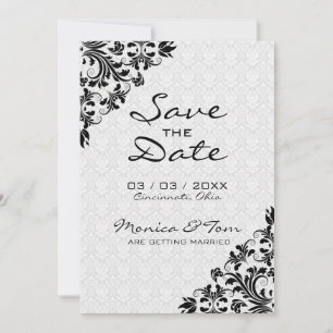Schwarze Blumenstickerei und Damast Save The Date