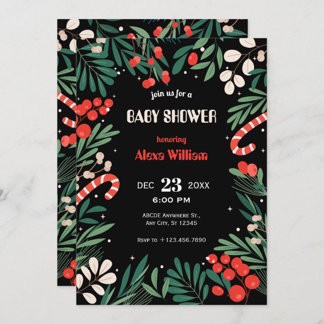 Schwarze Blumenweih-Babydusche Einladung (Vorne/Hinten)