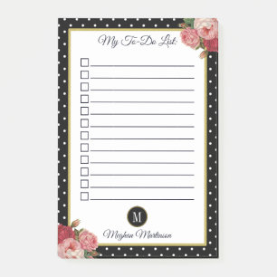 Schwarze Blumige Monogramm Punkte Namens-Checklist Post-it Klebezettel