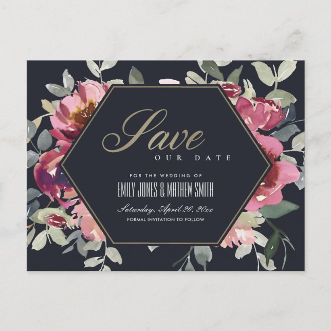 SCHWARZE BLUSH BURGUNDY ROSE SAVE THE DATE BLLORAL ANKÜNDIGUNGSPOSTKARTE (Vorderseite)