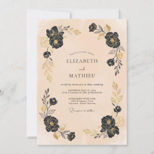 Schwarze Blütenbogen-Hochzeit Einladung