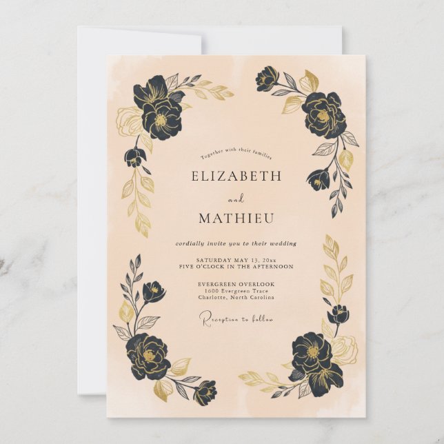 Schwarze Blütenbogen-Hochzeit Einladung (Vorderseite)