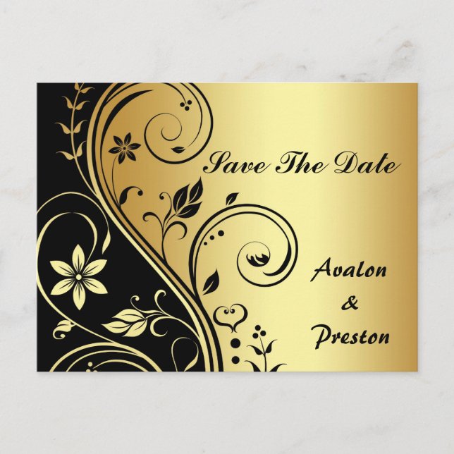 Schwarze Blütenrolle Save the Date Postkarte (Vorderseite)