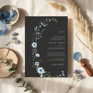 Schwarze Boho-Blumen-Hochzeitseinladung | Düstere Einladung