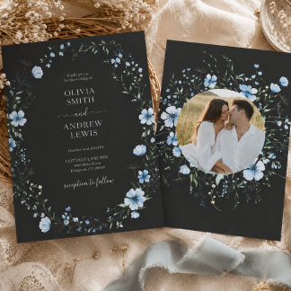 Schwarze Boho-Blumen-Hochzeitseinladung | Düstere Einladung